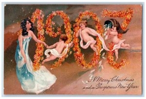 1907 Merry Christmas Floating Angels Flowers Embossed Southbridge MA Postcard