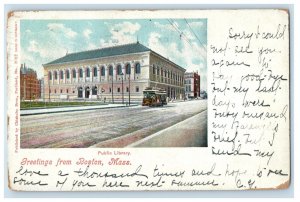 1903 Greetings From Boston Massachusetts MA, Public Library Trolley Postcard
