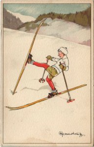 PELLEGRINI ARTIST SIGNED SKIING SPORT 6 Vintage Postcards (L3130)