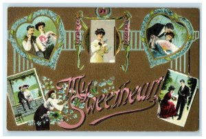 c1910 My Sweetheart Valentine Romance Couple Multiview Gold Flowers Postcard 