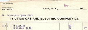 1910 ILION NY UTICA GAS AND ELECTRIC COMPANY REMINGTON CYCLE CLUB BILLHEAD Z4639