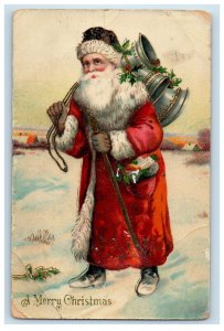 c1910 Christmas Old World Santa Gel Gold Gilt Bells Staff White Postcard 