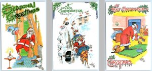 3 Postcards CHRISTMAS COMICS Artist Fred Camp - Drunk SANTA CLAUS c1990s 4x6