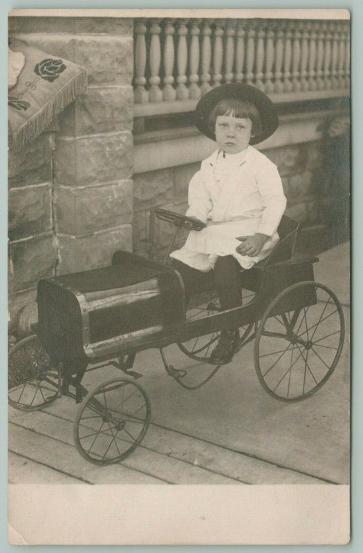 Real Photo Postcard~Little Girl Wears Hat in Pedal Car~Crank Front~c1908 RPPC 