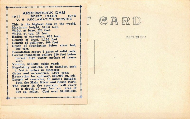  LP66 BOISE Idaho  Arrowrock Dam Postcard 
