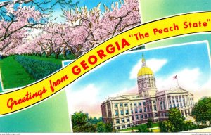 Georgia Greetings From The Peach State Showing State Capitol and Peach Blossoms