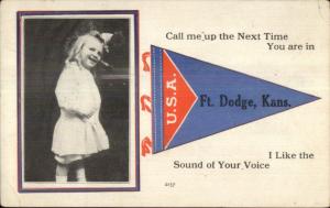 Ft. Dodge KS Pennant & Little Girl on Telephone c1915 Postcard