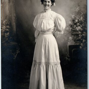 c1900s Cute Smiling Girl Portrait RPPC Adorable White Dress Rare Show Teeth A212