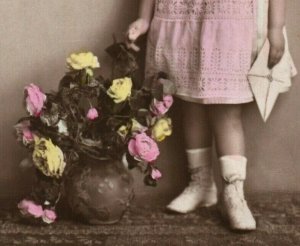 Cute Little Girl with Bows Pink Dress Letter Flowers Hand Painted European RPPC 