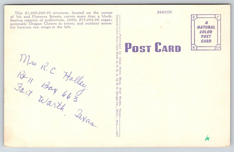 Fort Worth Texas~Birds Eye First Methodist Church~EC Kropp Linen Postcard