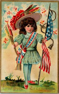 Postcard Patriotic 4th of July Series 752 Girl with American Flag C.1910 L5