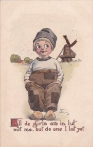 Dutch Boy & Windmill All De Girls Are In Luf Mit Me 1912 Signed Wall