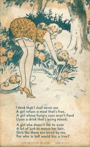 Humour Arcade Card Woman Bending Over Picking Flowers