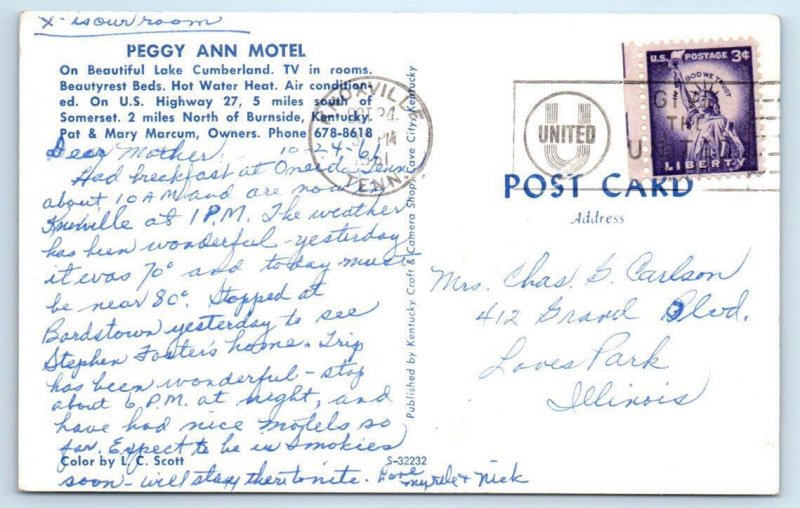 BURNSIDE, Kentucky KY ~ Roadside PEGGY ANN MOTEL 1961 Pulaski County Postcard