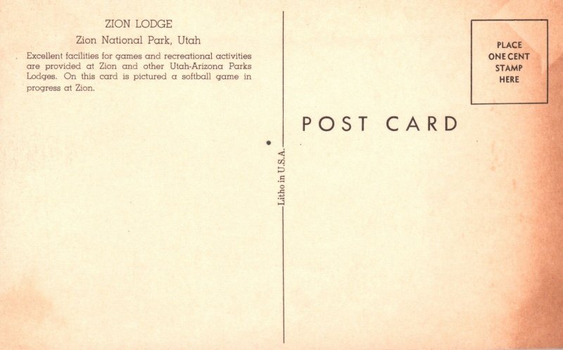 Vintage Postcard Zion Lodge Games Recreational Park Zion National Park Utah UT