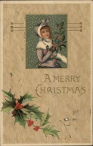 Chritasm - Girl in Winter Storm w/ Holly Branches c1910 Postcard