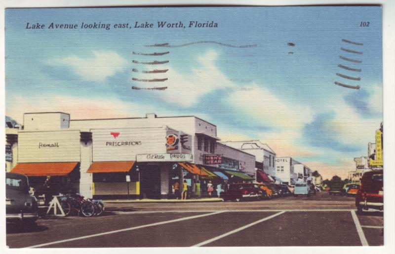 P323 JLs postcard 1958 old cars bikes stores lake worth florida used