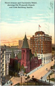 Postcard WA Seattle 3rd Ave. & University Street Old Plymouth Church ~1910 V195