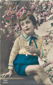 Vintage tinted photo postcard Pentecost greetings blossoms children fashion girl