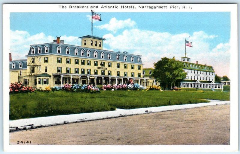 NARRAGANSETT PIER, Rhode Island  RI     BREAKERS & ATLANTIC HOTELS   Postcard