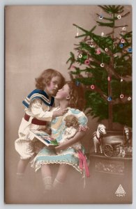 Christmas RPPC Edwardian Children Tree Toys Tinted Photo Postcard U26