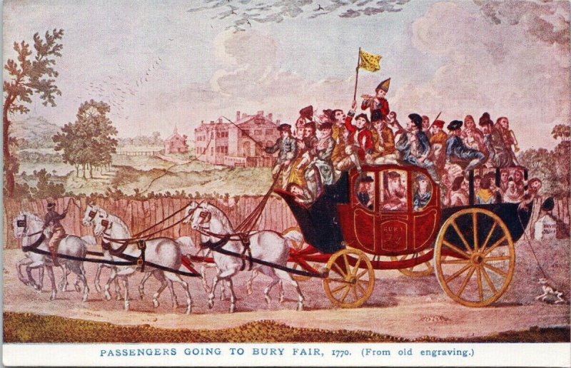 Passengers Going To Bury Fair 1770 White Horses Carriage England Postcard G13