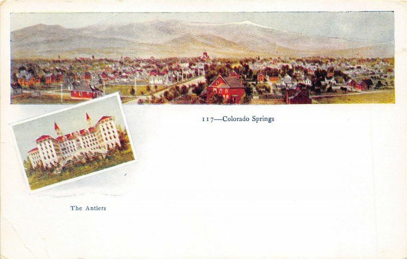 Colorado Springs Colorado c1905 Postcard View of City and Antlers Hotel