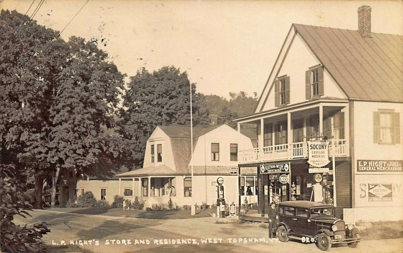 West Topsham VT Hight's Store Socony Gas Pumps Real Photo Postcard