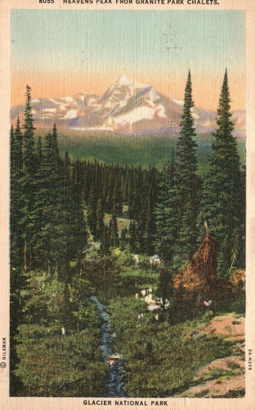 Vintage Postcard Heavens Peak From Granite Park Chalets Glacier National Park MT