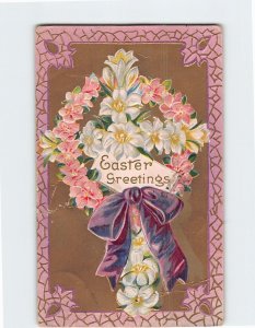 Postcard Easter Greetings with Flowers Ribbon Embossed Art Print