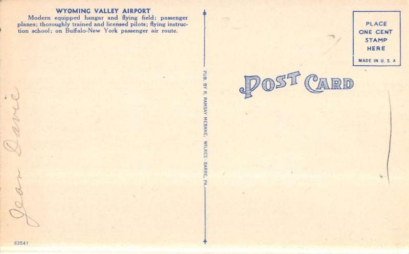Wilkes Barre Pennsylvania Valley Airport Aerial View Antique Postcard K44937
