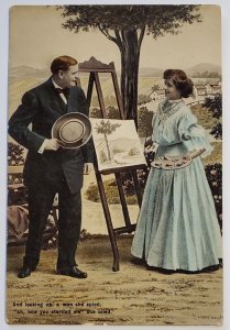 Gentleman And Woman Artist Painter w/ Palette Romance In Country Postcard A45