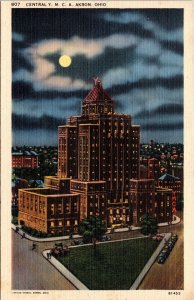 Historic Central YMCA Akron Ohio Aerial Night View Moon Downtown Linen Postcard 