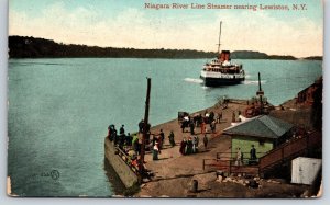 Lewiston New York~Niagara River Line Steamer Ship Nearing Dock~Vintage Postcard