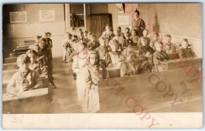 c1910s Pioneer School Classroom RPPC Teacher Grade Stoic Kids Desks Photo A155