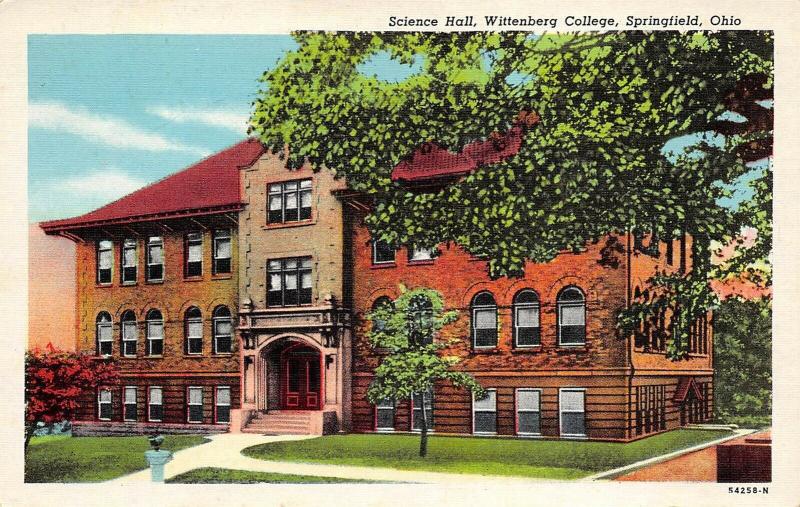 Springfield Ohio 1940s Linen Postcard Science Hall Wittenberg College