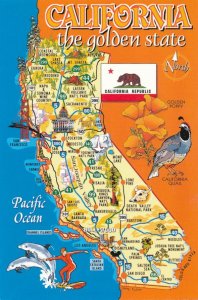 Map of California the Golden State - Quail - Golden Poppy - Surfing