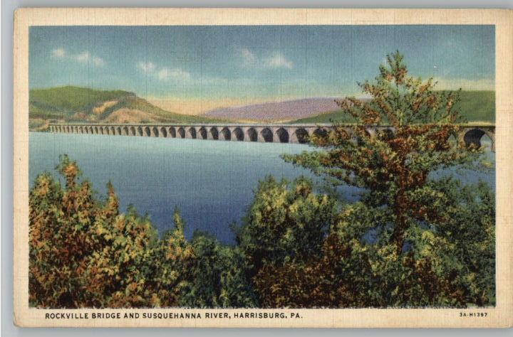 Linen Postcard-Rockville Bridge & River-Harrisburg,PA