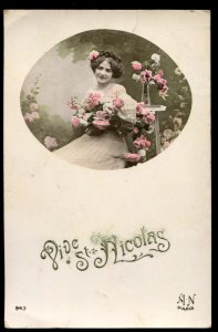 Vive St. Nicolas. French RPPC Christmas greeting. Hand tinted Alfred Noyer photo