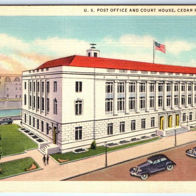 c1940s Cedar Rapids, IA Downtown Birds Eye Post Office Rolls Royce Linen PC A272