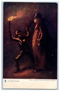 c1910 Holding Torch A Foggy Night Antique Oilette Tuck Art Postcard