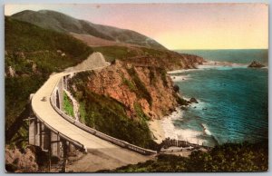 Big Sur California 1930 Hand Colored Albertype Postcard Lodge Bixby Creek Bridge