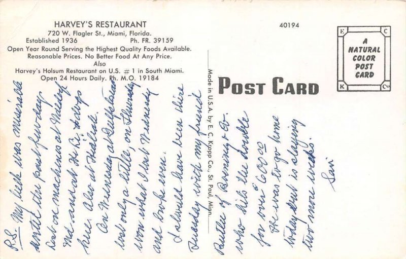 Miami Florida Harvey's Restaurant Photochrome Vintage Postcard U4742