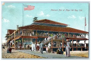 1908 Pleasure Pier Tourists Crowds US Flag Playa Del Rey California CA Postcard