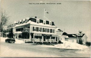 Postcard MA Princeton The Village Store in Winter Old Car Food Market 1950s S22