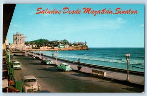 Mexico Postcard Greetings from Mazatlan Sinaloa Road Beach View c1950's