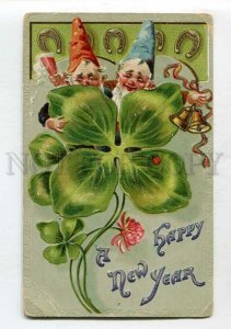 3140910 New Year GNOME Happy Clover & Bells Vintage Embossed PC