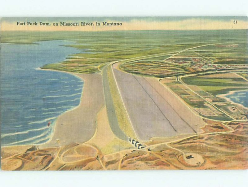 Pre-chrome DAM SCENE Fort Peck Dam - Nashua & Glasgow Montana MT AF5906