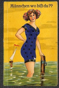 GERMANY WOMAN MAN SWIMSUIT COMIC FOLD-OUT NOVELTY POSTCARD (c. 1910)