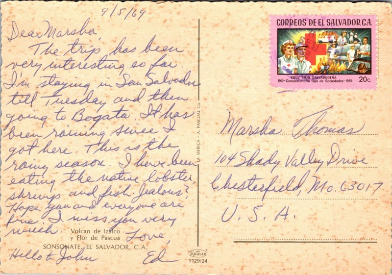 Postcard El Salvador Sonsonate Izaico volcano and poinsettia